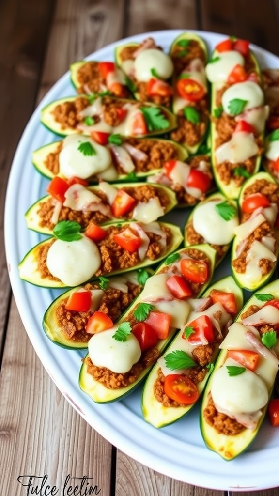 A close-up of stuffed zucchini boats filled with ground meat and cheese, garnished with parsley, on a rustic wooden platter.